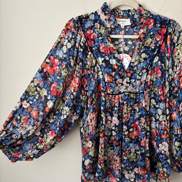 Umgee Floral Printed Boho Ruffle Neckline Puff Sleeve Blouse Top NEW - Picture 6 of 12